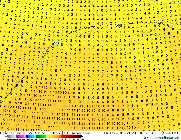 Height/Temp. 700 hPa Arpege-eu Th 06.06.2024 00 UTC