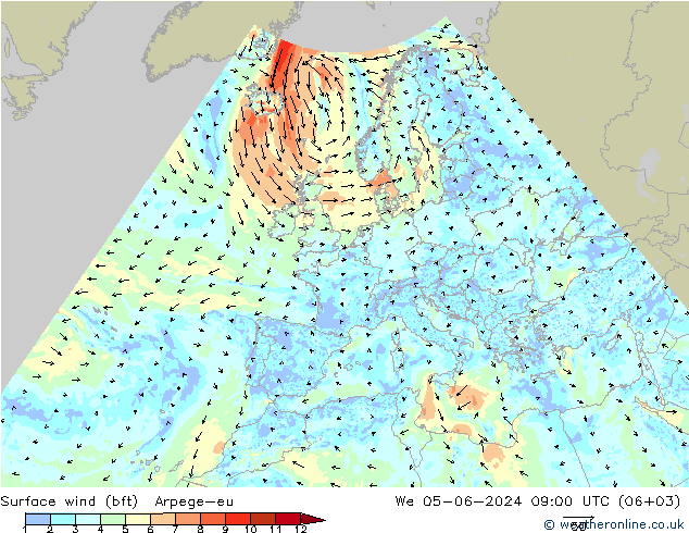 Bodenwind (bft) Arpege-eu Mi 05.06.2024 09 UTC