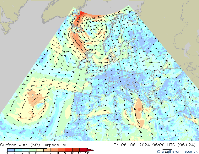 Bodenwind (bft) Arpege-eu Do 06.06.2024 06 UTC