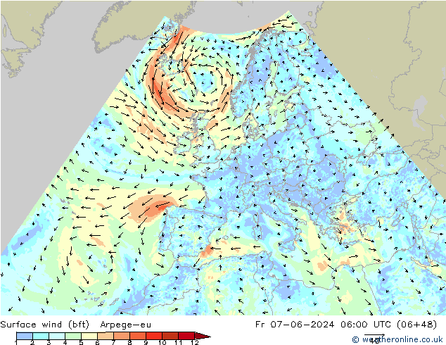 Surface wind (bft) Arpege-eu Fr 07.06.2024 06 UTC