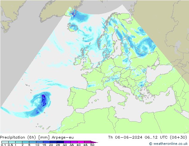 Precipitazione (6h) Arpege-eu gio 06.06.2024 12 UTC