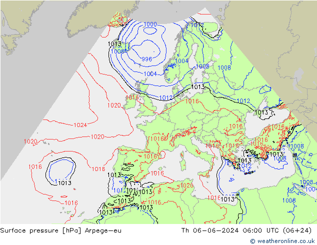 地面气压 Arpege-eu 星期四 06.06.2024 06 UTC