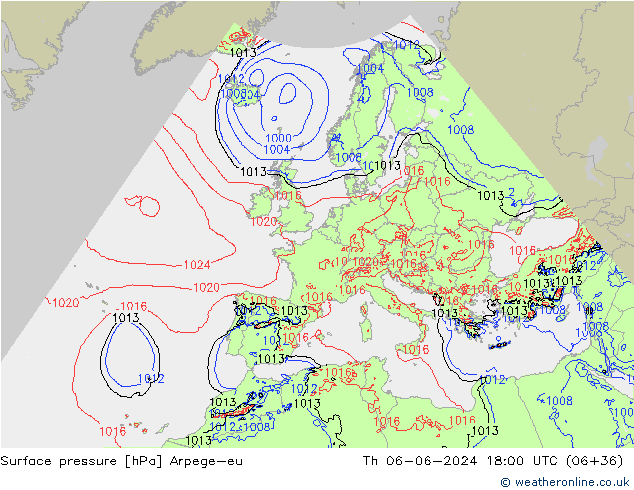 Pressione al suolo Arpege-eu gio 06.06.2024 18 UTC