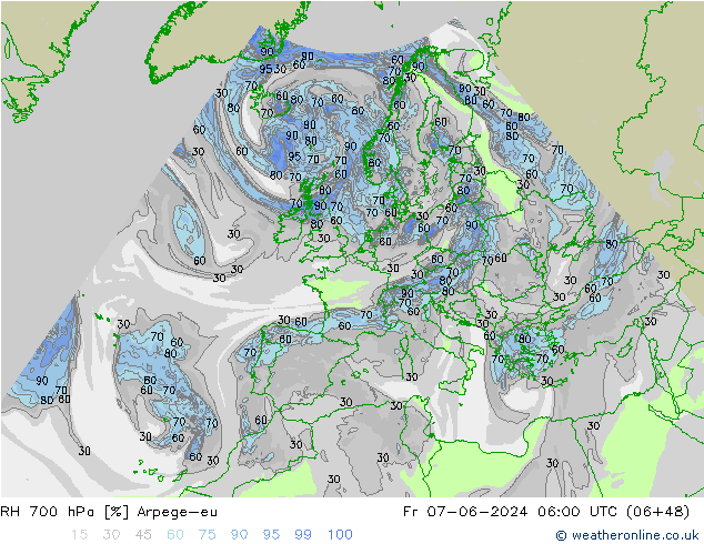 RH 700 hPa Arpege-eu Fr 07.06.2024 06 UTC