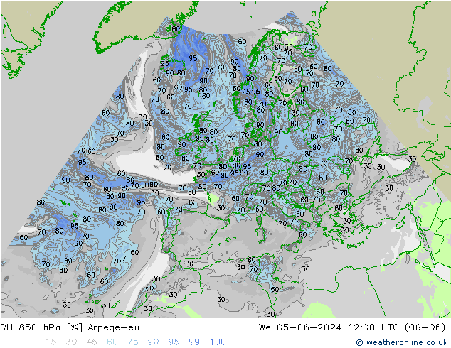 RH 850 hPa Arpege-eu We 05.06.2024 12 UTC