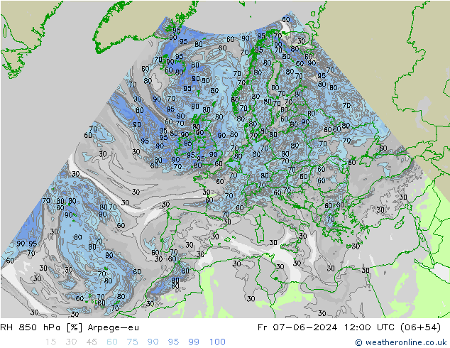 Humidité rel. 850 hPa Arpege-eu ven 07.06.2024 12 UTC