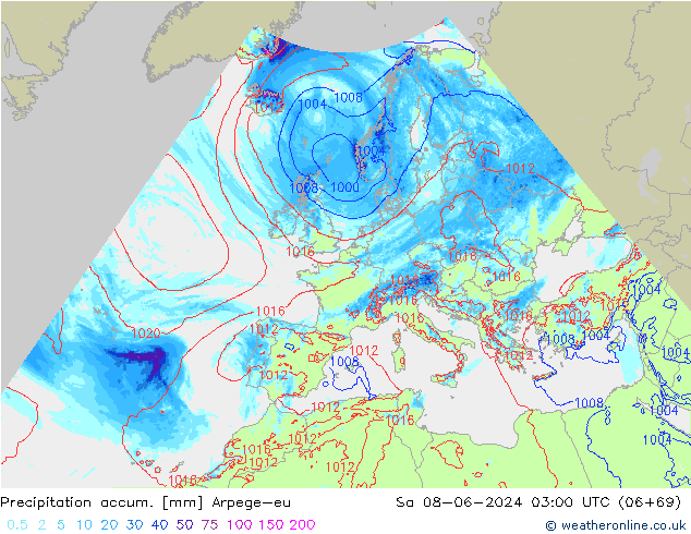 Totale neerslag Arpege-eu za 08.06.2024 03 UTC