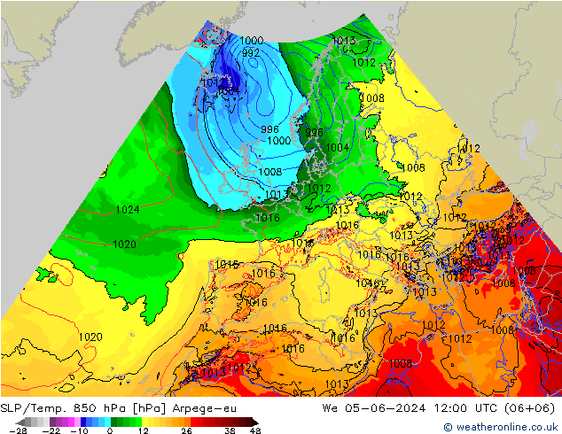 SLP/Temp. 850 hPa Arpege-eu St 05.06.2024 12 UTC