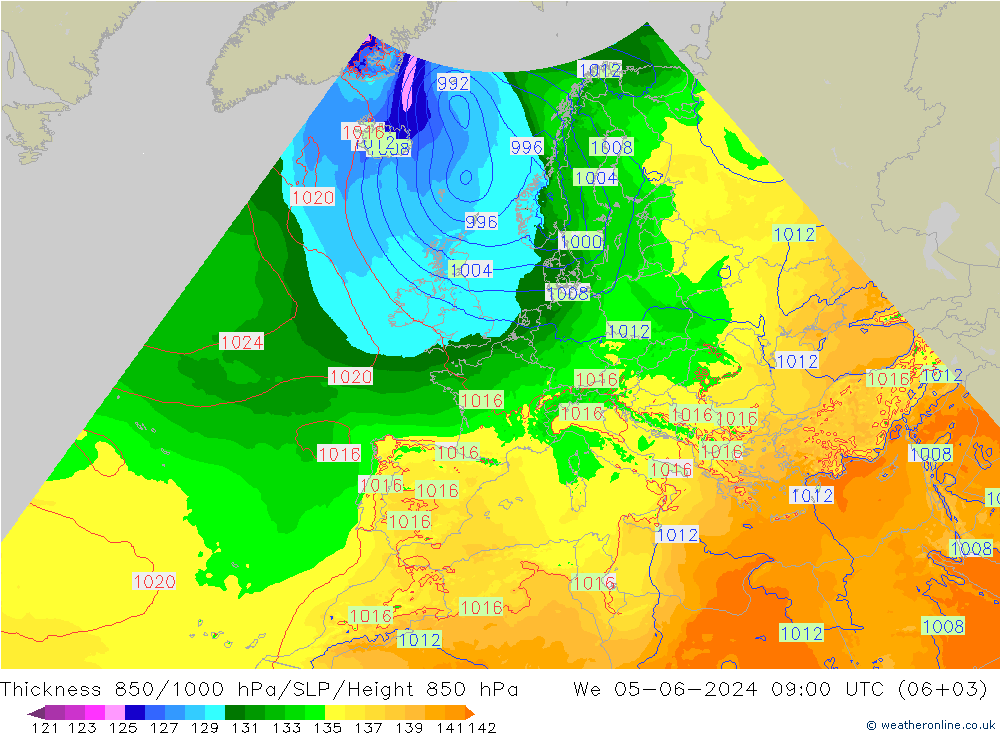 Thck 850-1000 hPa Arpege-eu We 05.06.2024 09 UTC