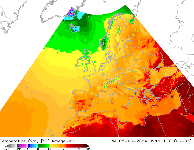 Sıcaklık Haritası (2m) Arpege-eu Çar 05.06.2024 09 UTC