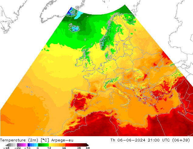 Temperatuurkaart (2m) Arpege-eu do 06.06.2024 21 UTC