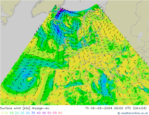 Surface wind Arpege-eu Čt 06.06.2024 06 UTC