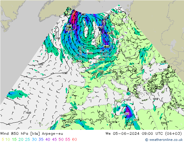 Viento 850 hPa Arpege-eu mié 05.06.2024 09 UTC