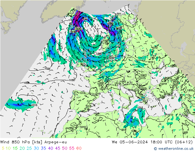 Wind 850 hPa Arpege-eu We 05.06.2024 18 UTC