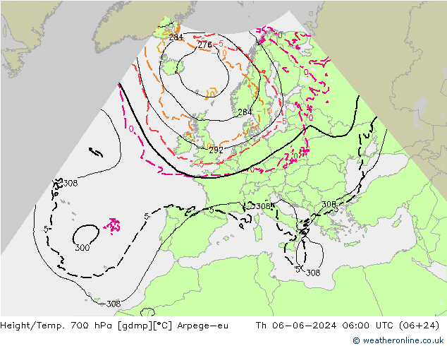 Height/Temp. 700 гПа Arpege-eu чт 06.06.2024 06 UTC