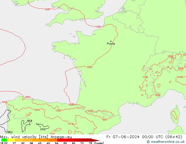 Max. wind velocity Arpege-eu Sex 07.06.2024 00 UTC