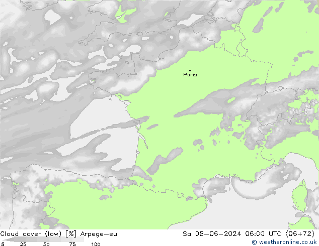 Cloud cover (low) Arpege-eu Sa 08.06.2024 06 UTC