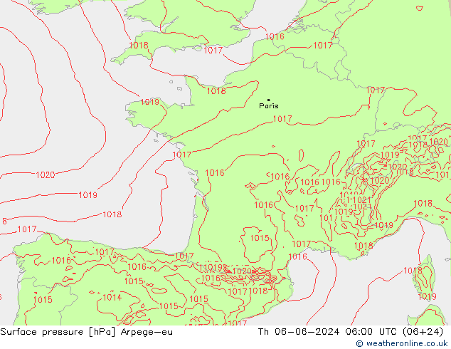 Atmosférický tlak Arpege-eu Čt 06.06.2024 06 UTC