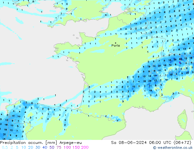 Precipitation accum. Arpege-eu сб 08.06.2024 06 UTC