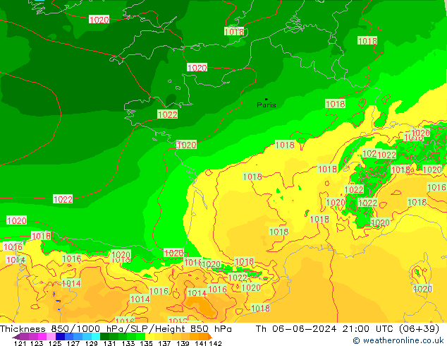 850-1000 hPa Kalınlığı Arpege-eu Per 06.06.2024 21 UTC