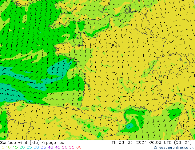 Vento 10 m Arpege-eu gio 06.06.2024 06 UTC