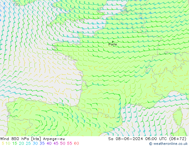 Wind 850 hPa Arpege-eu Sa 08.06.2024 06 UTC