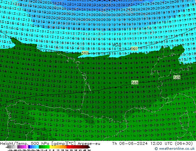 Geop./Temp. 500 hPa Arpege-eu jue 06.06.2024 12 UTC