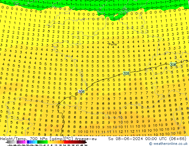 Height/Temp. 700 hPa Arpege-eu sab 08.06.2024 00 UTC