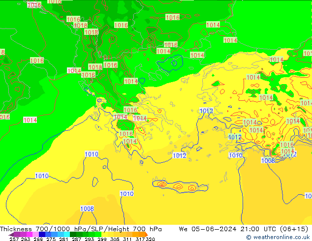 Thck 700-1000 hPa Arpege-eu We 05.06.2024 21 UTC