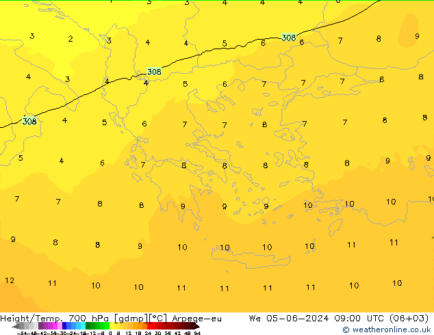 Height/Temp. 700 hPa Arpege-eu mer 05.06.2024 09 UTC