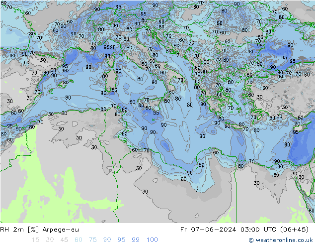 RH 2m Arpege-eu Pá 07.06.2024 03 UTC