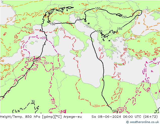 Height/Temp. 850 hPa Arpege-eu Sa 08.06.2024 06 UTC