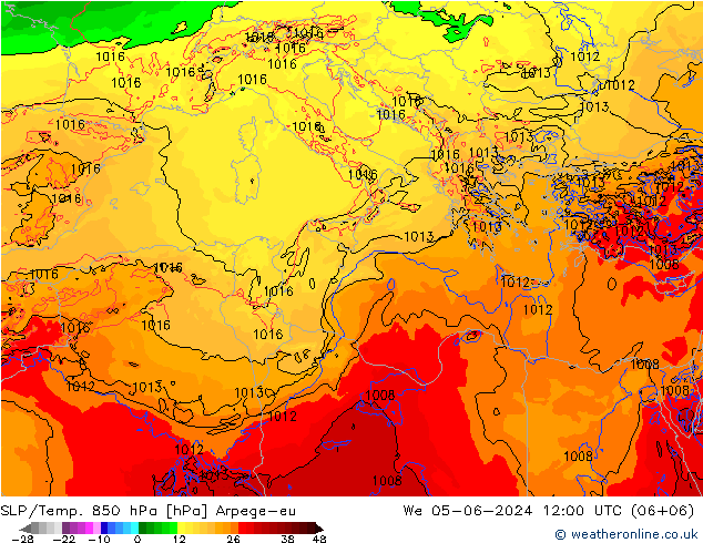 850 hPa Yer Bas./Sıc Arpege-eu Çar 05.06.2024 12 UTC