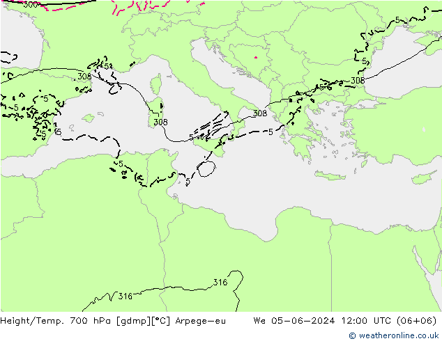 Height/Temp. 700 hPa Arpege-eu mer 05.06.2024 12 UTC