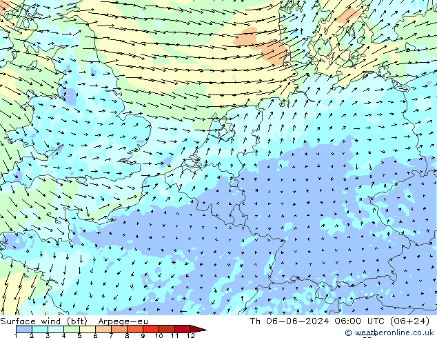 Bodenwind (bft) Arpege-eu Do 06.06.2024 06 UTC