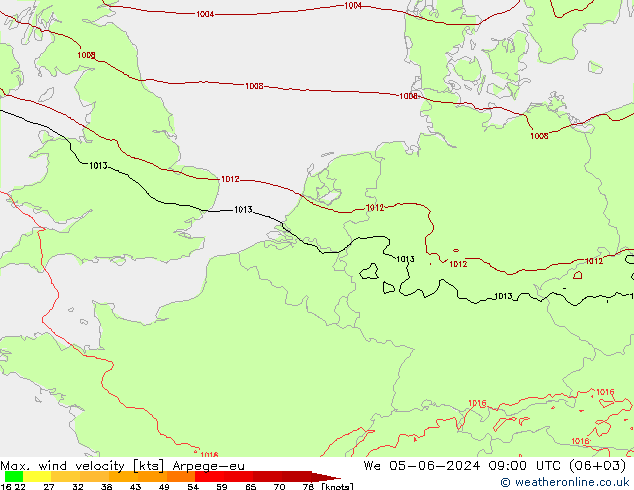 Max. wind velocity Arpege-eu mer 05.06.2024 09 UTC