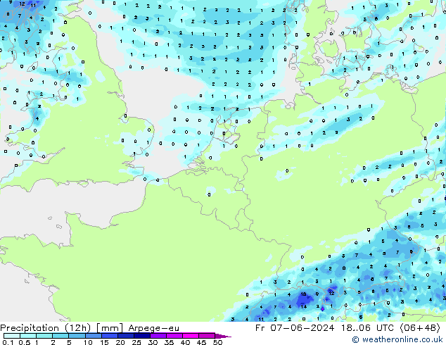 Precipitazione (12h) Arpege-eu ven 07.06.2024 06 UTC