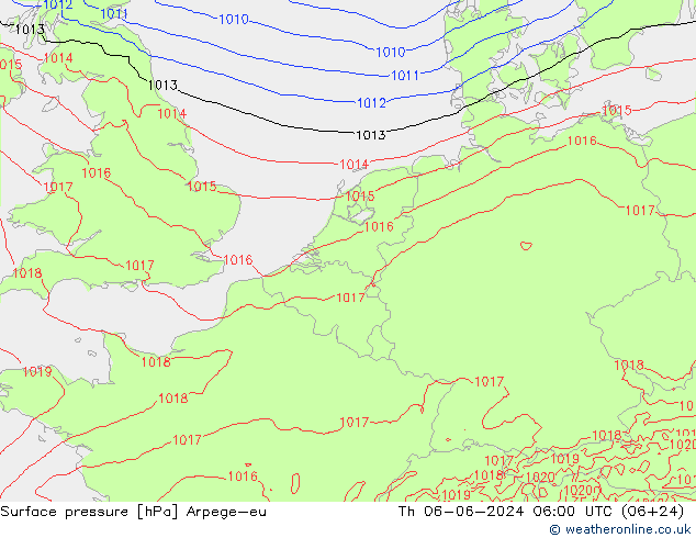 Atmosférický tlak Arpege-eu Čt 06.06.2024 06 UTC