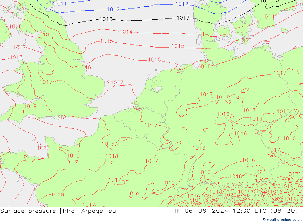 Atmosférický tlak Arpege-eu Čt 06.06.2024 12 UTC