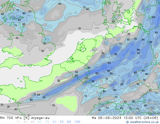 RH 700 hPa Arpege-eu Qua 05.06.2024 12 UTC