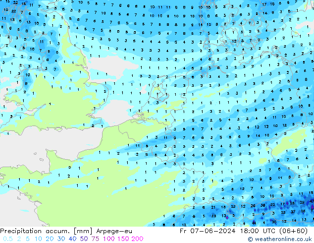 Totale neerslag Arpege-eu vr 07.06.2024 18 UTC