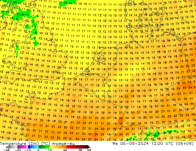 Temperatura (2m) Arpege-eu Qua 05.06.2024 12 UTC