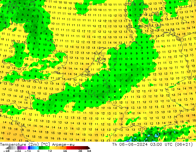 Temperatura (2m) Arpege-eu gio 06.06.2024 03 UTC