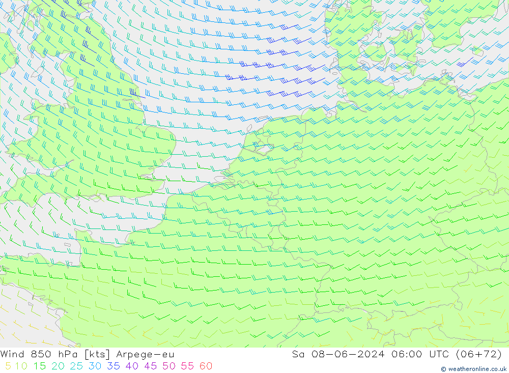 ветер 850 гПа Arpege-eu сб 08.06.2024 06 UTC