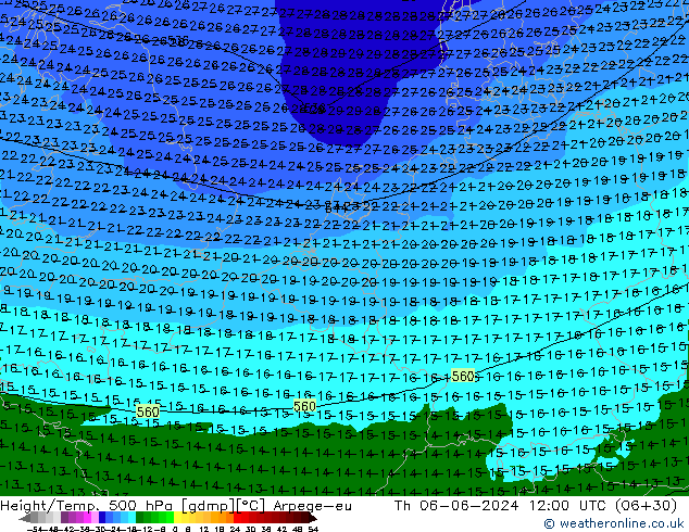 Height/Temp. 500 гПа Arpege-eu чт 06.06.2024 12 UTC