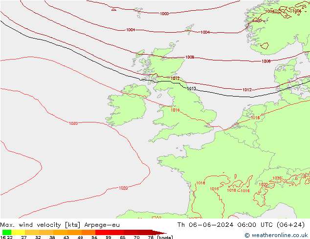 Max. wind velocity Arpege-eu Qui 06.06.2024 06 UTC