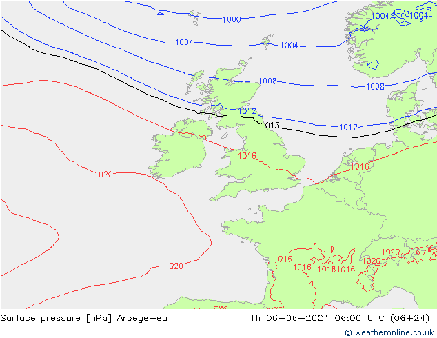 Pressione al suolo Arpege-eu gio 06.06.2024 06 UTC