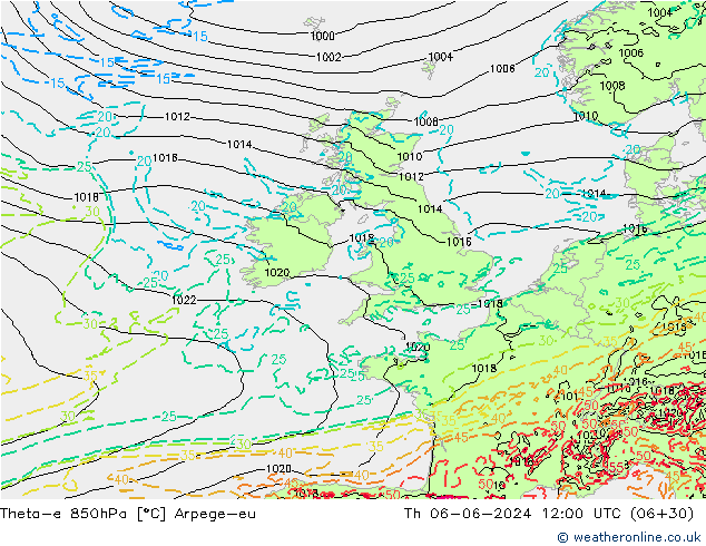 Theta-e 850hPa Arpege-eu Qui 06.06.2024 12 UTC