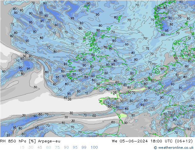 RH 850 hPa Arpege-eu śro. 05.06.2024 18 UTC