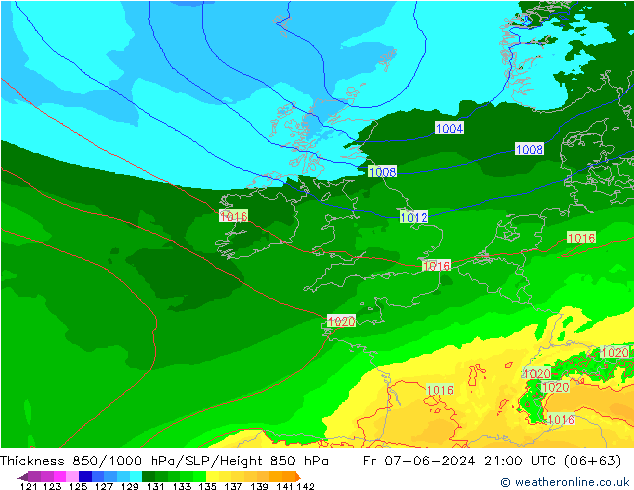 Espesor 850-1000 hPa Arpege-eu vie 07.06.2024 21 UTC